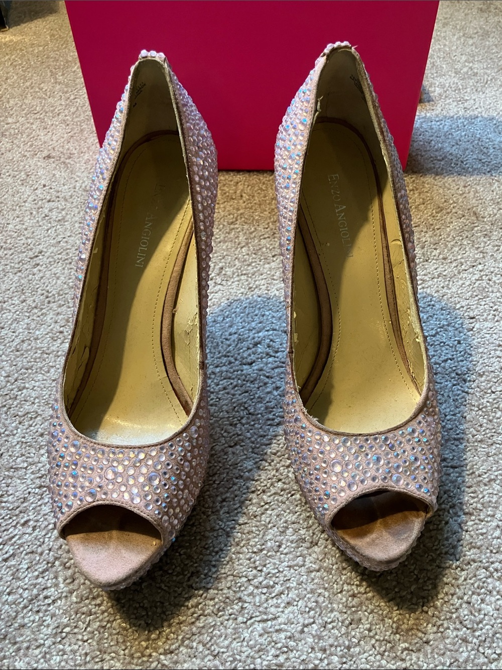 Enzo Angiolini Blush Pink Crystal Peep-Toe Heels